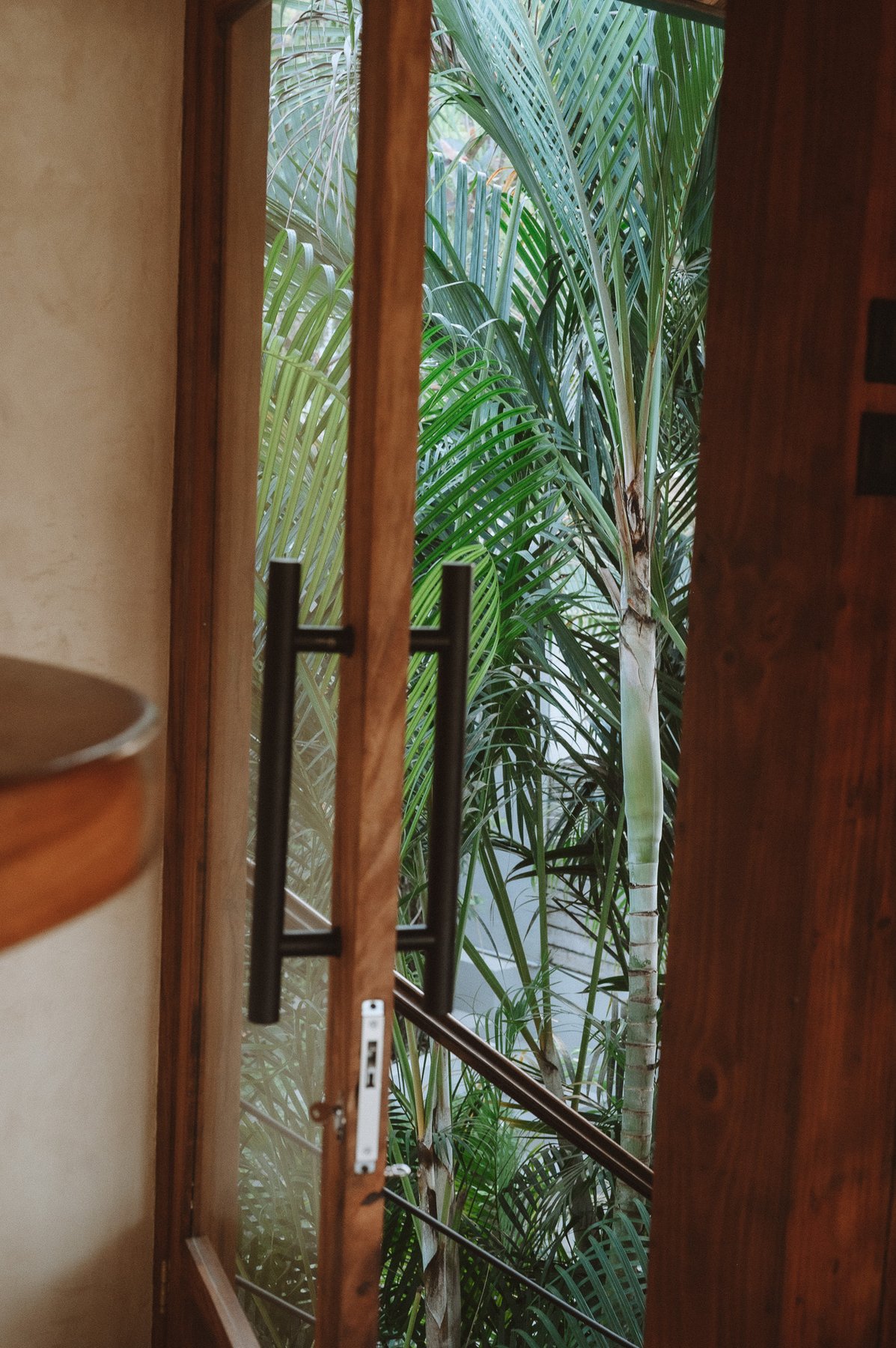 A studio door handle framed by palm trees just outside