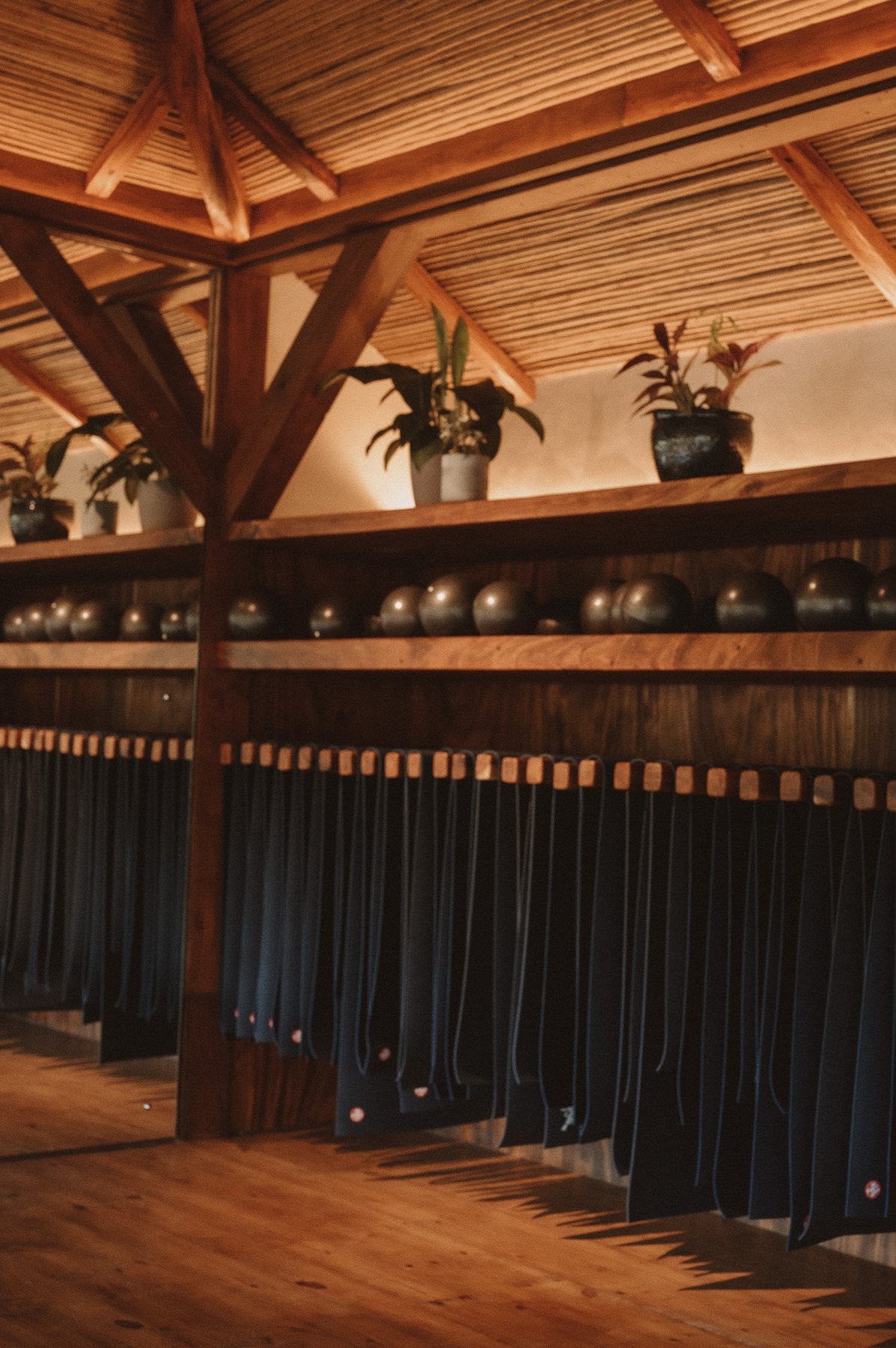 Rows of yoga mats and stability balls neatly stored on the studio's wooden shelving