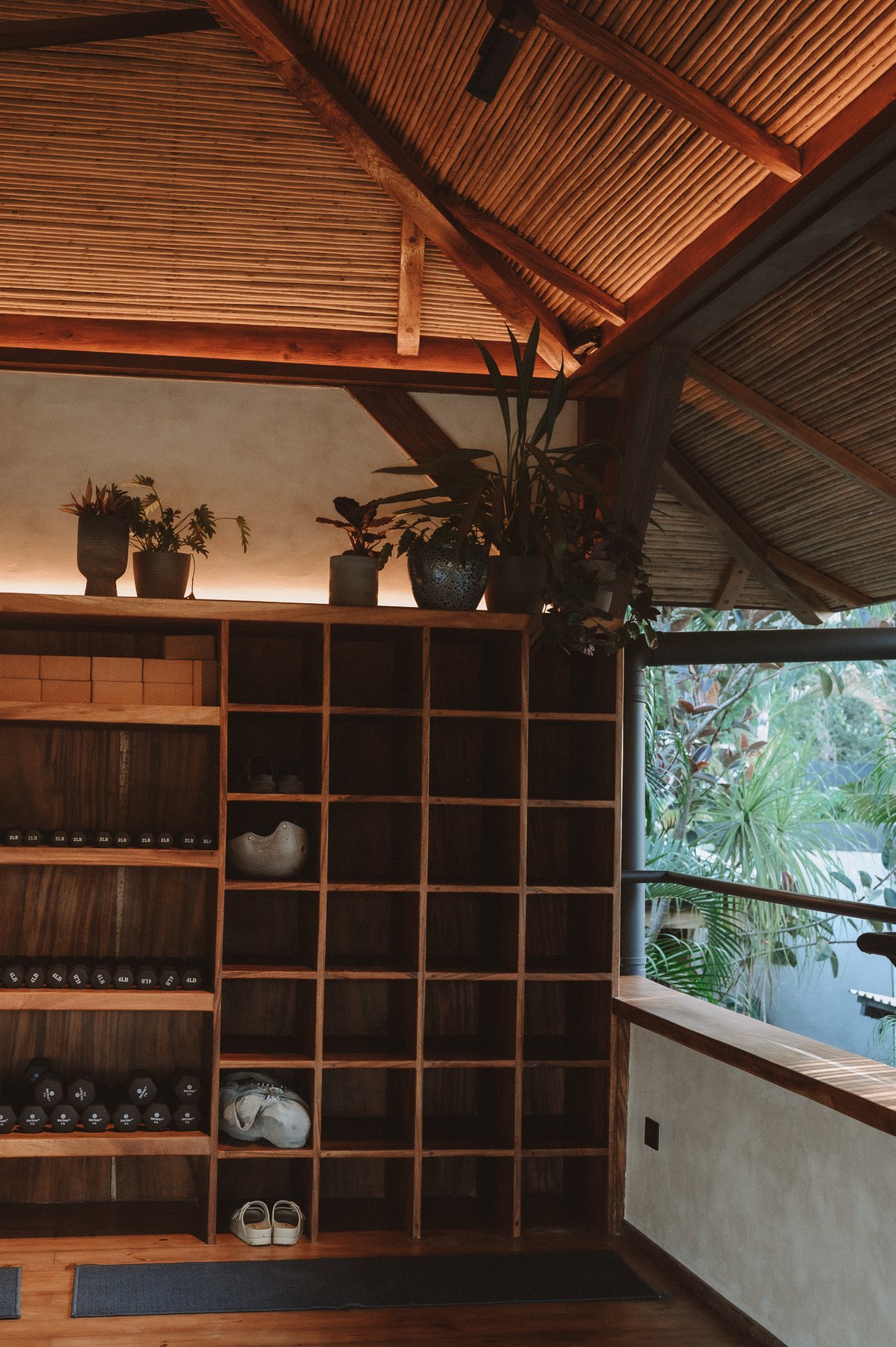 Wooden shelving with hand weights, yoga blocks, and shoe cubbies overlooking the jungle